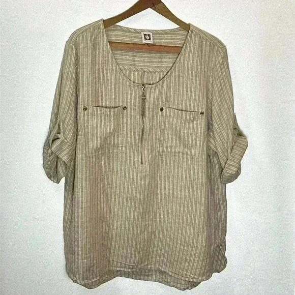 Anne Klein Women's Blouse Size XL Gold Beige Shiny  Holidays Sparkle Linen Blend - Picture 1 of 7
